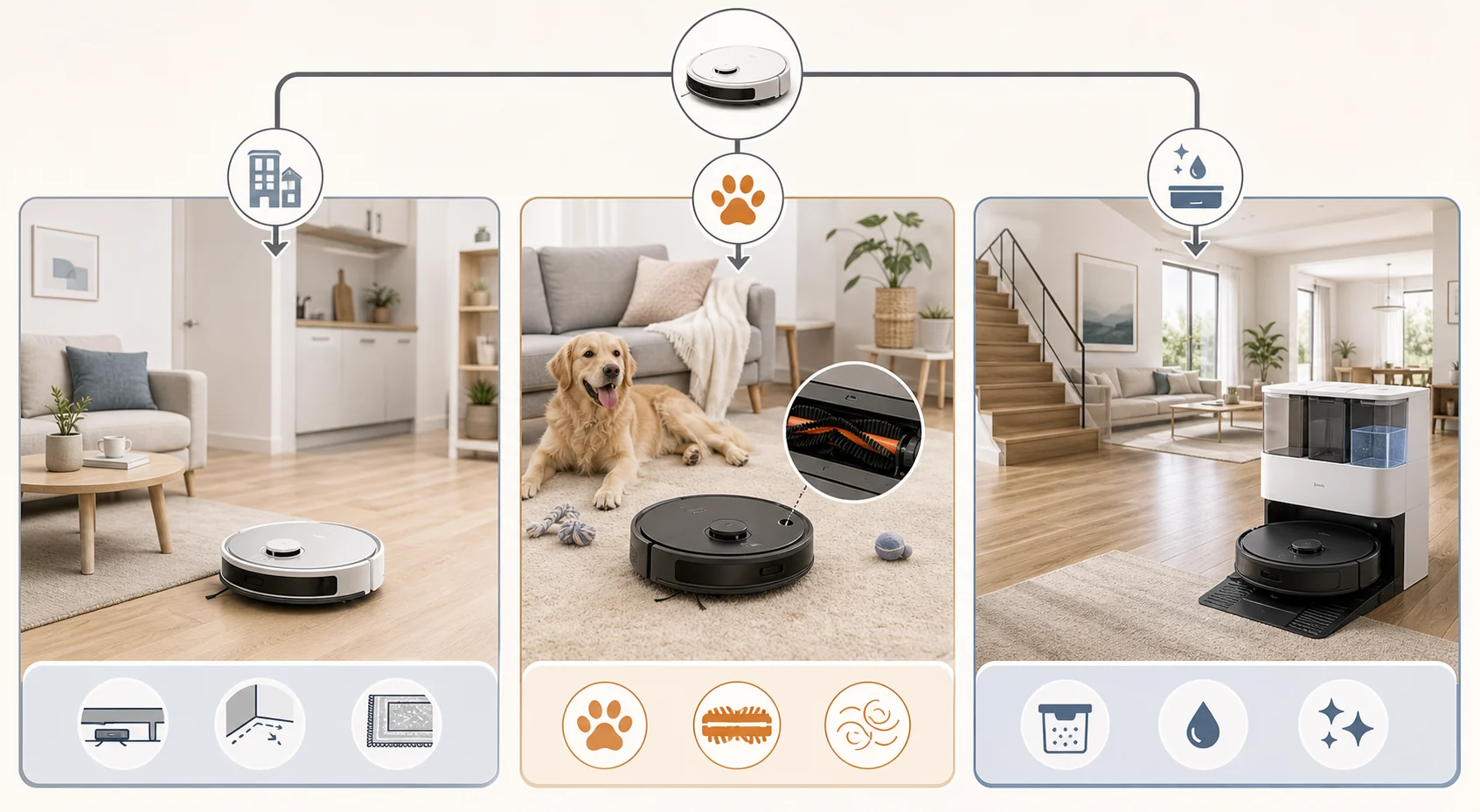 Minh họa chọn robot hút bụi theo diện tích nhà, thú cưng và mức tự động hóa