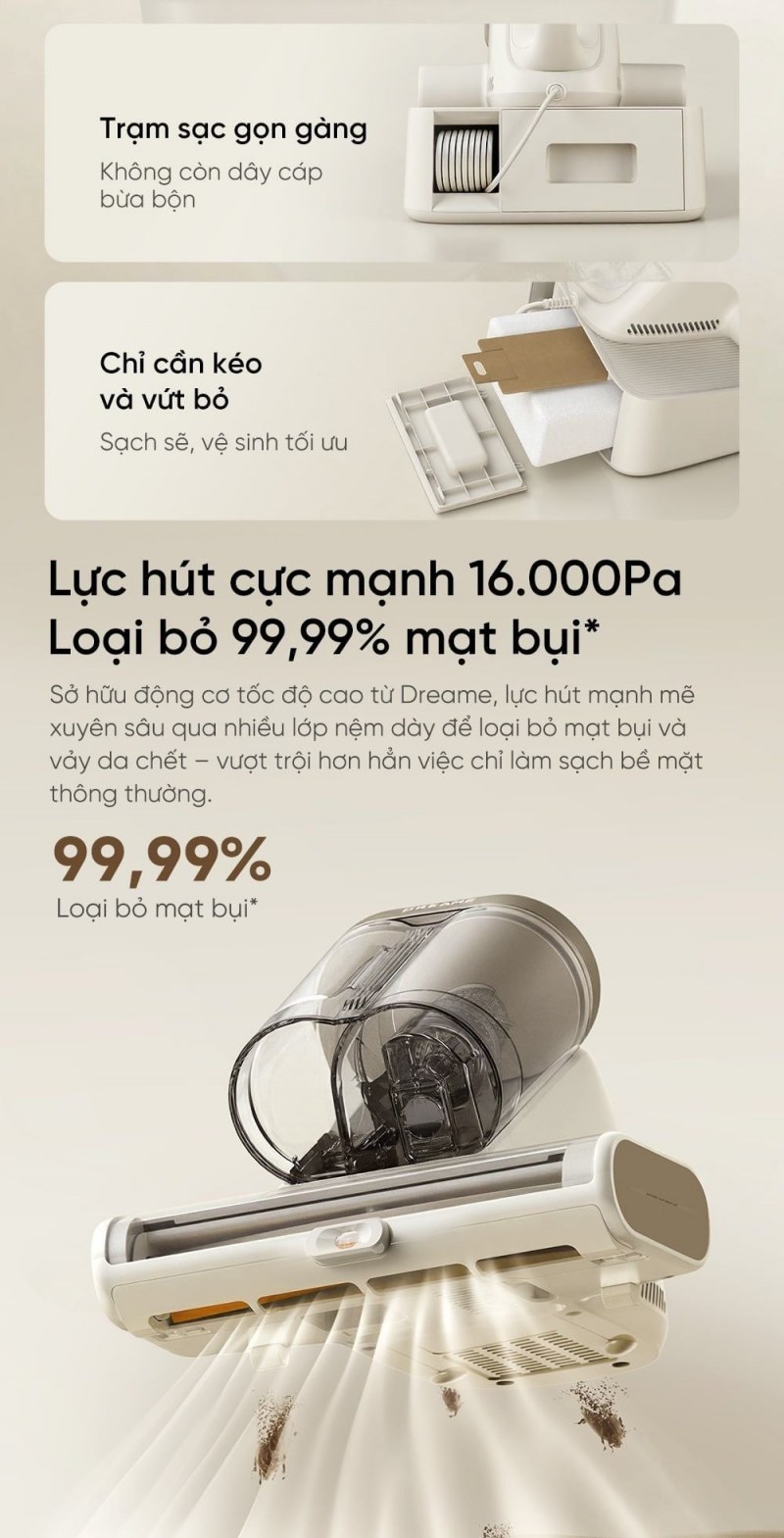 Khoang dây và thao tác thay túi trên trạm Dreame D20 Aura.