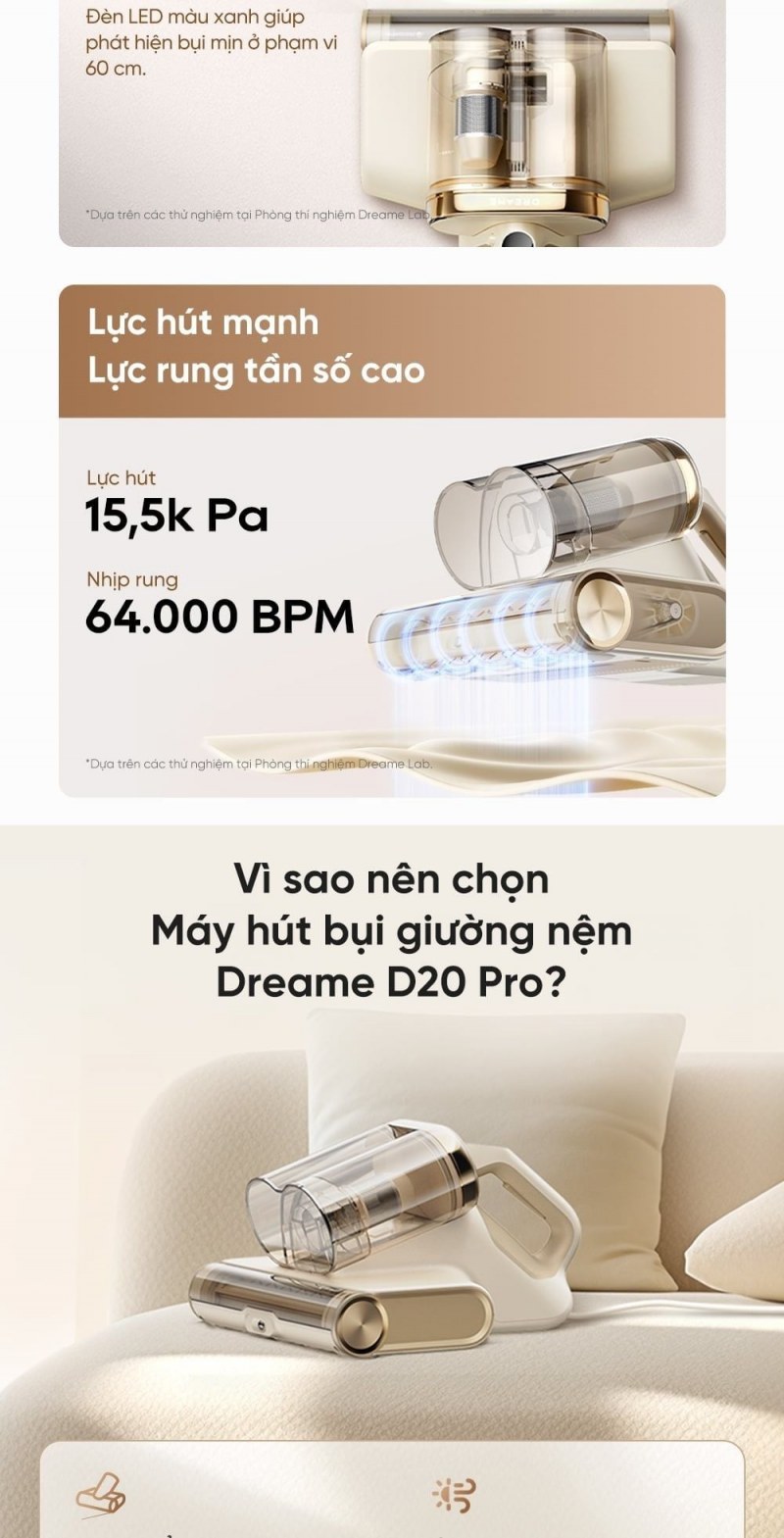Thông số lực hút và nhịp rung Dreame D20 Pro trong ảnh nguồn.
