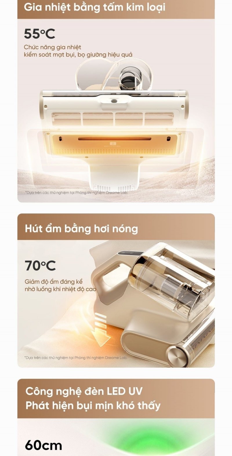 Hai cơ chế nhiệt 55°C và 70°C được mô tả riêng trên Dreame D20 Pro.