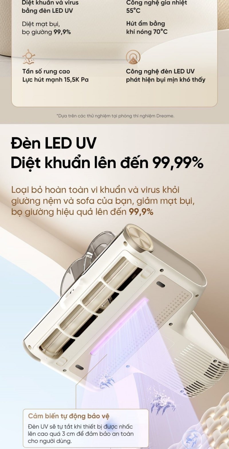 Đèn UV và cảm biến nhấc máy trên Dreame D20 Pro.