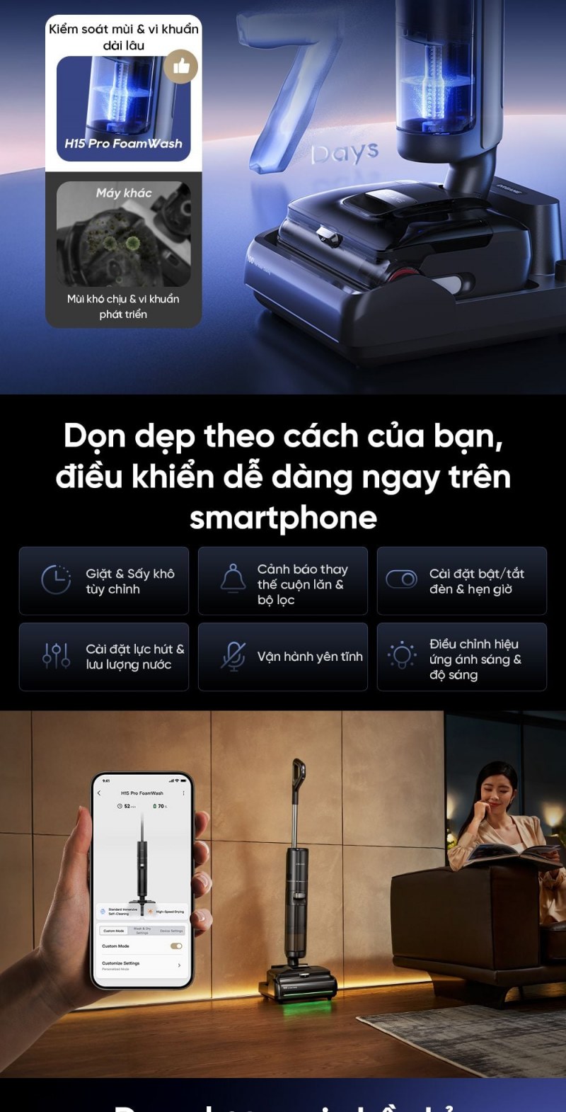 Dreame H15 Pro FoamWash - Ba cạnh và cánh tay GapFree xử lý phần nước sát tường