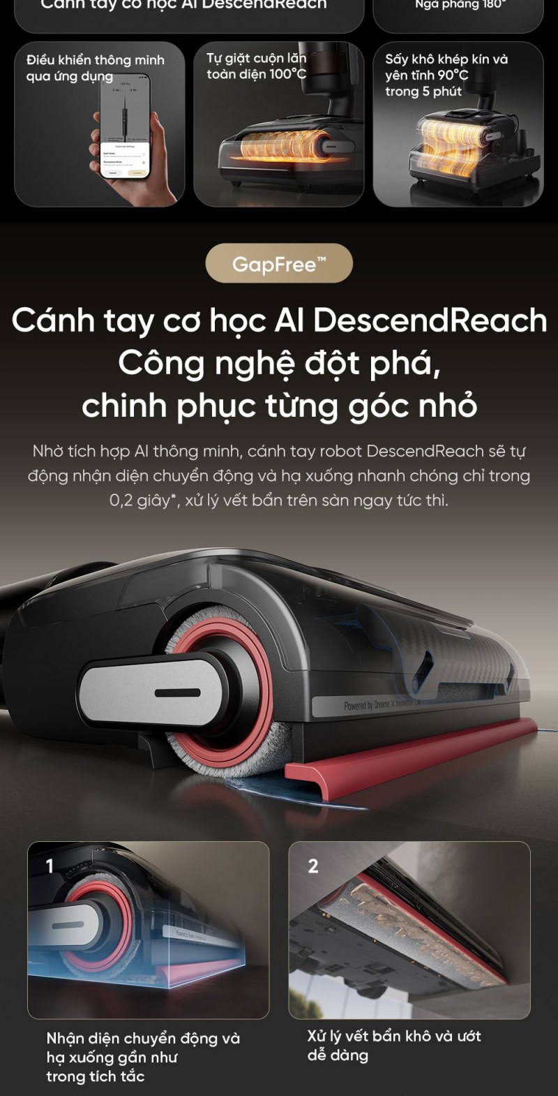 Dreame H15 Pro - 21.000 Pa cần phối hợp với con lăn 480 vòng/phút