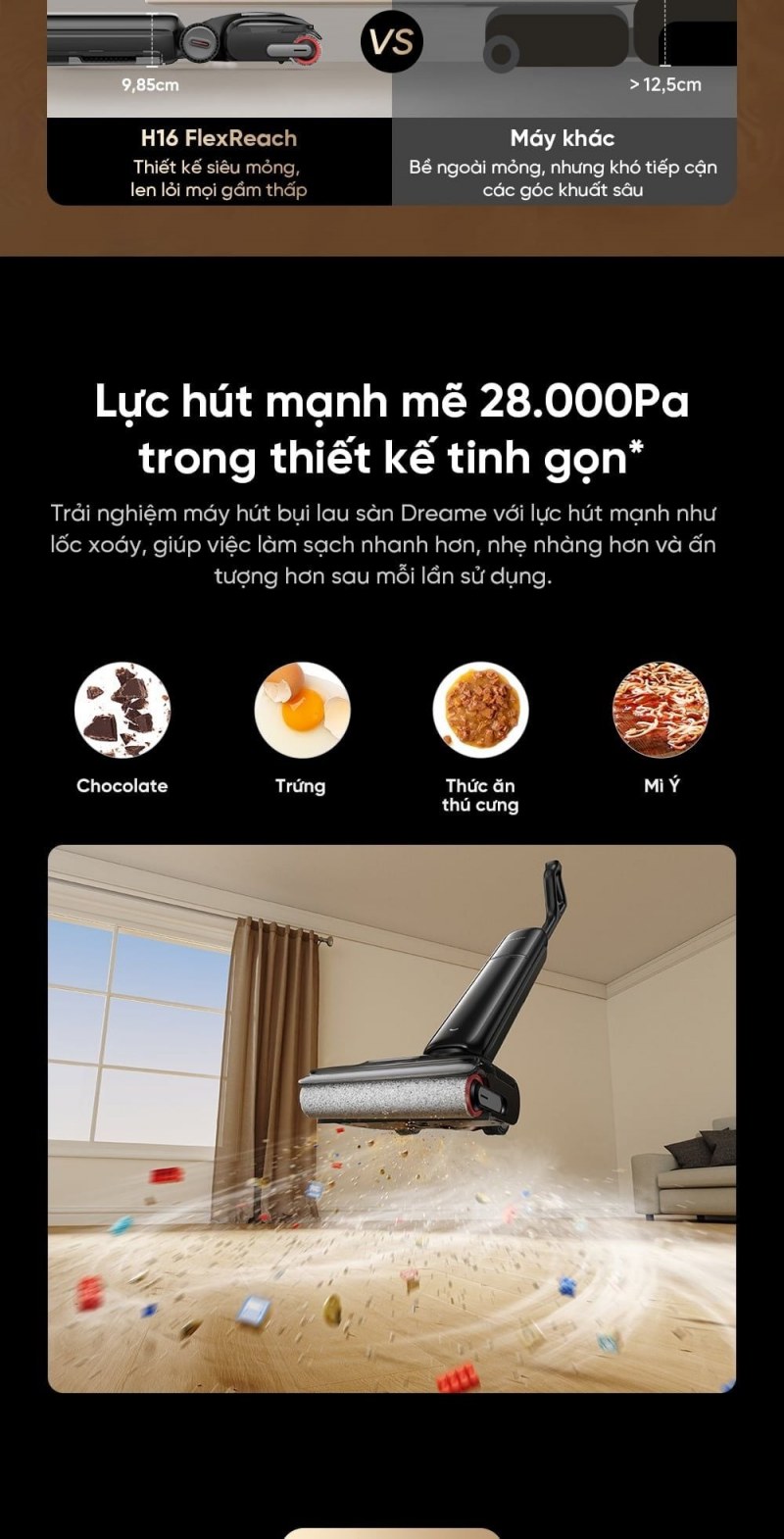 Lực hút 28.000 Pa của Dreame H16 FlexReach