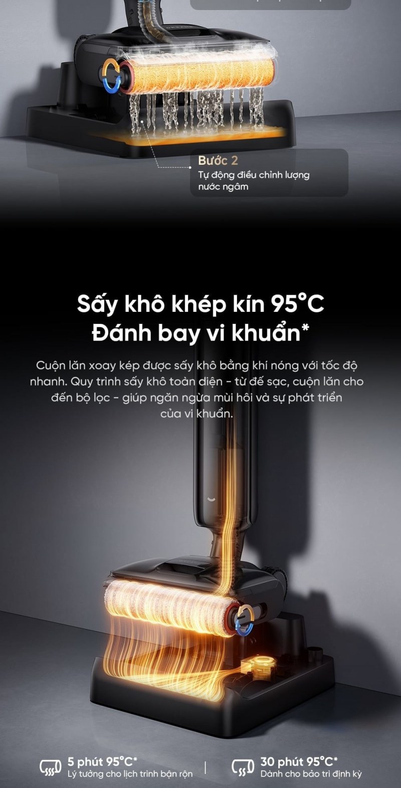 Chu trình tự làm sạch sấy nóng 95 độ C của Dreame H16 FlexReach
