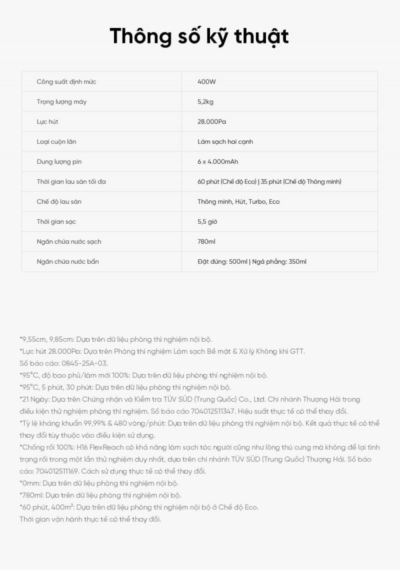 Bảng thông số chính thức của Dreame H16 FlexReach