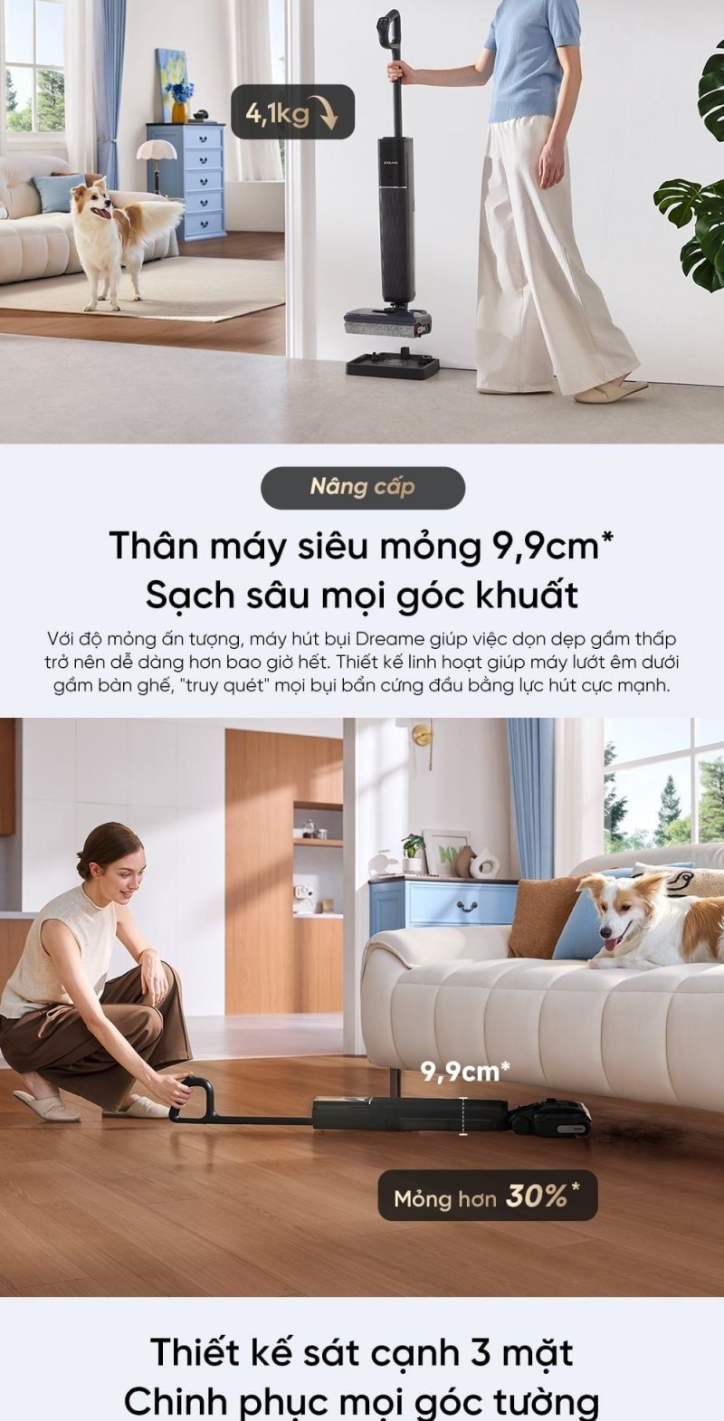 Dreame H16 GT ngả dưới đồ nội thất với mốc 9,9 cm.