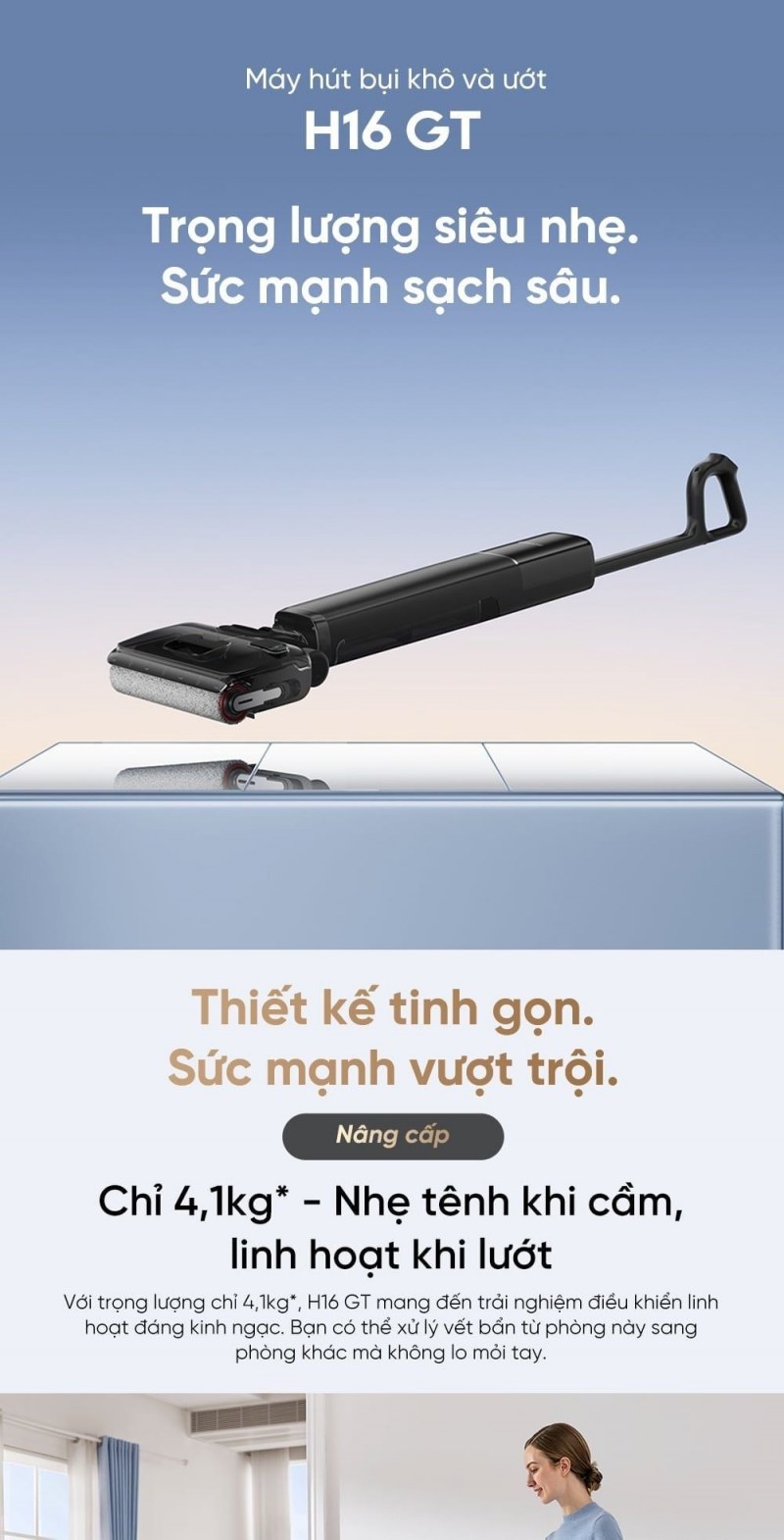 Thân máy lau hút Dreame H16 GT và thông tin khối lượng.