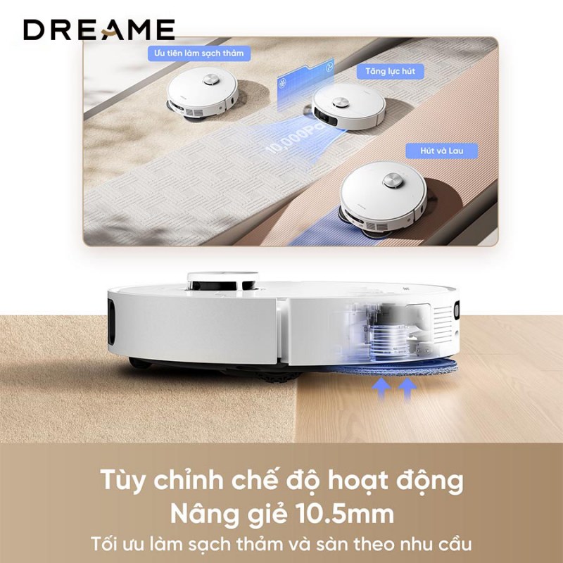 Các chế độ làm sạch thảm và nâng khăn 10,5 mm của Dreame L10s Ultra Gen 2