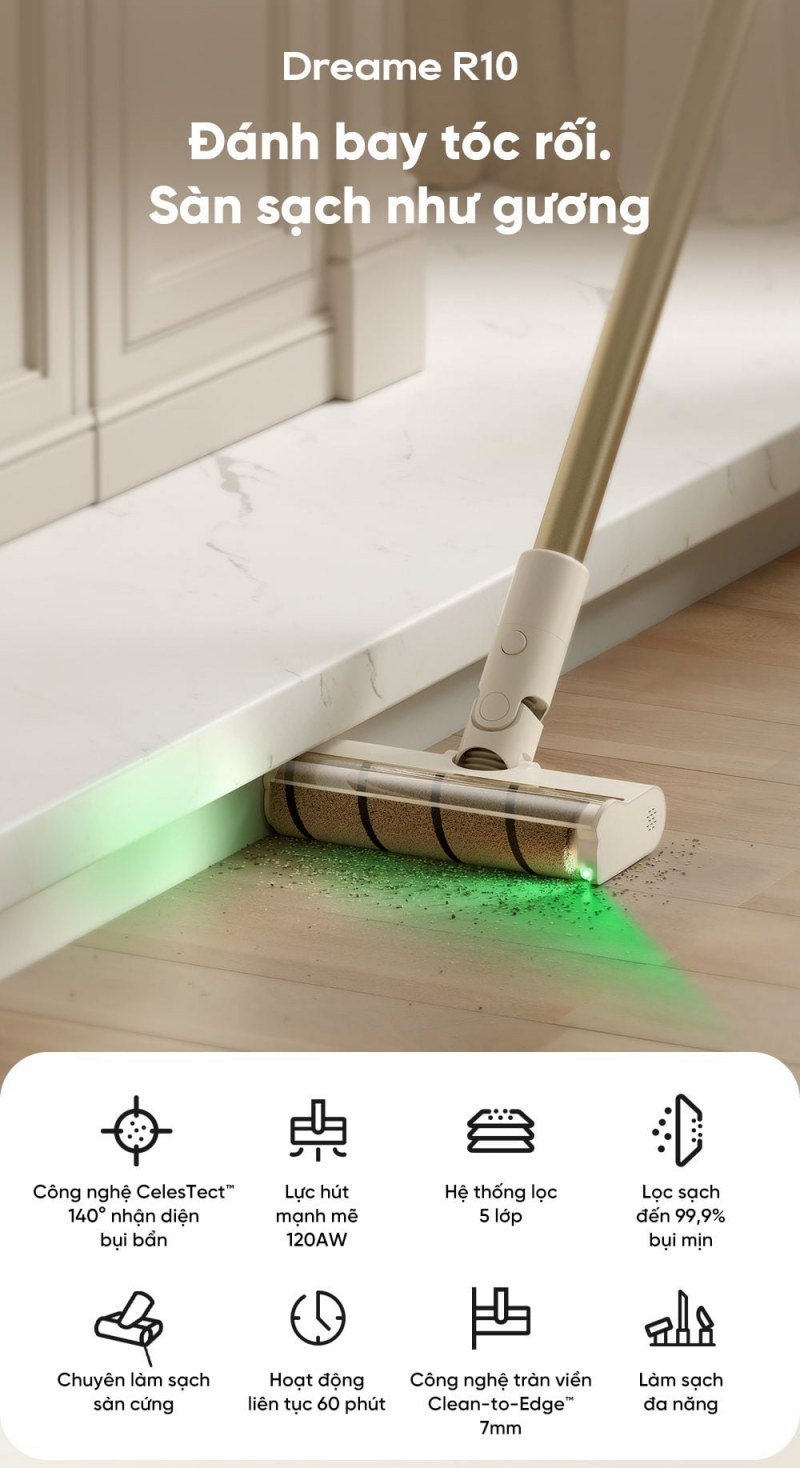 Dreame R10 - Sàn cứng cần ánh sáng và đầu lăn phù hợp hơn một con số Pa