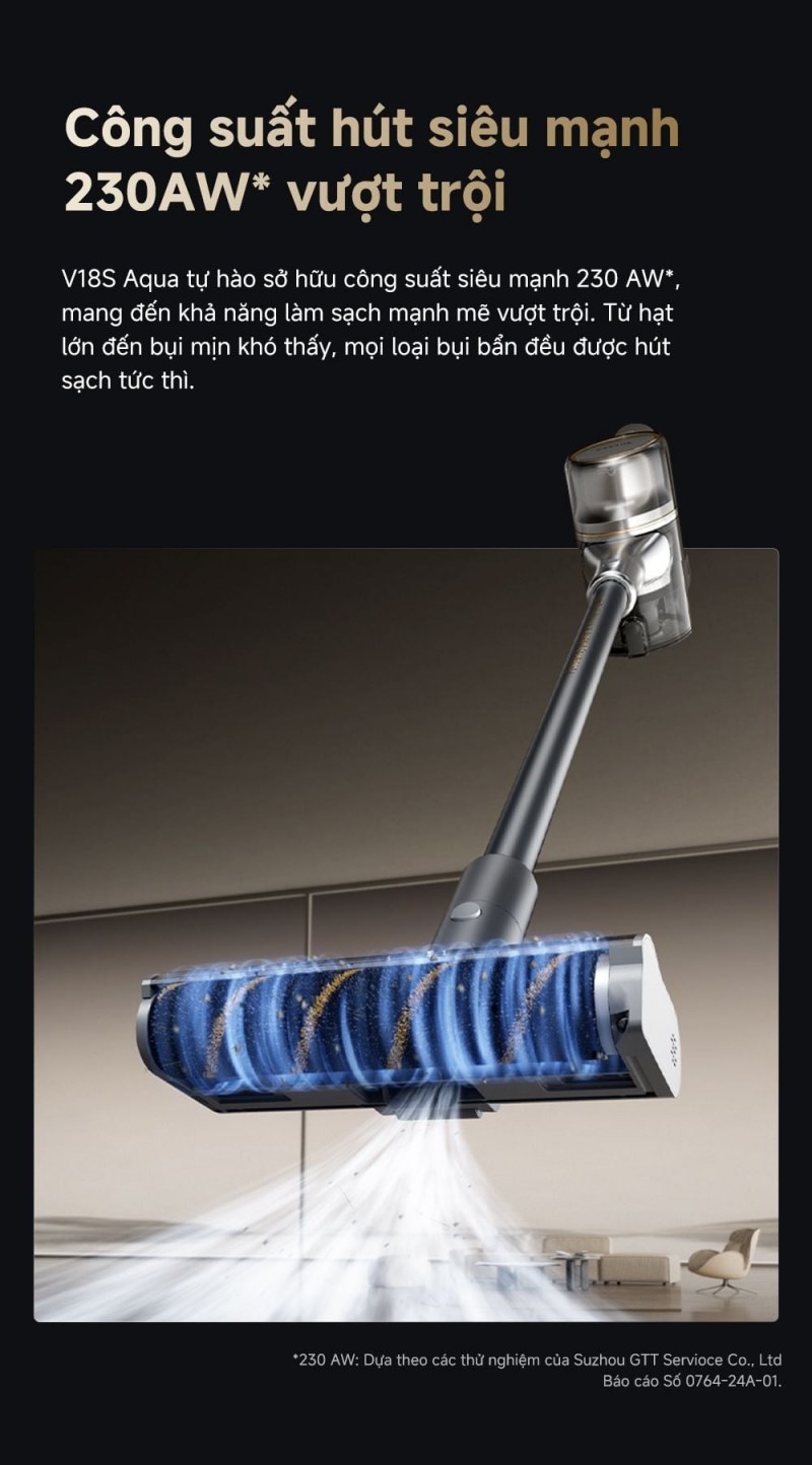 Công bố công suất hút 230 AW của V18s Aqua.