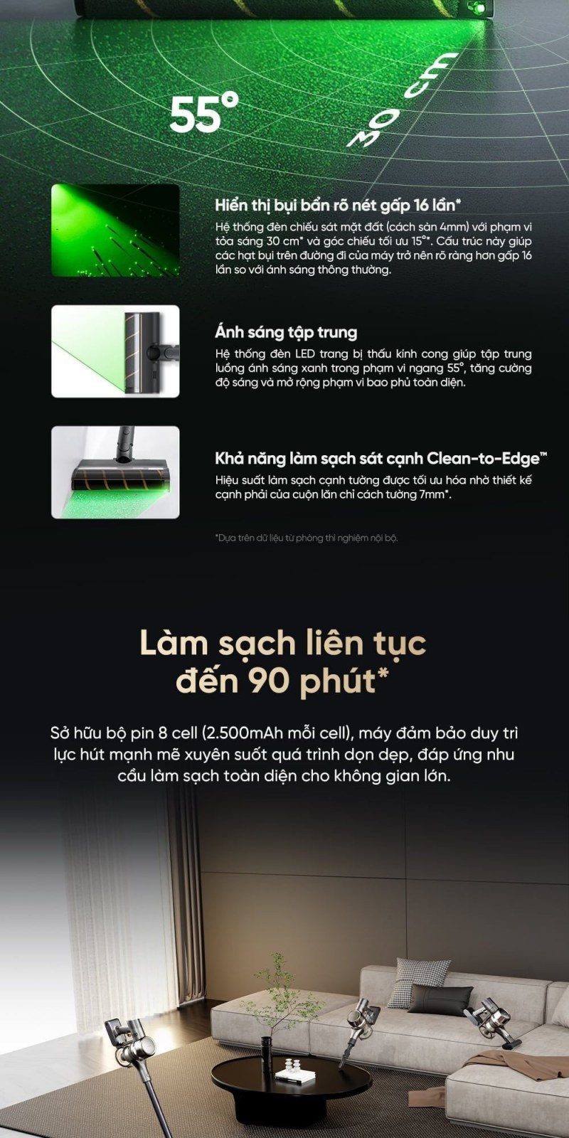Thông tin Clean-to-Edge và đèn xanh trên Dreame V18s.