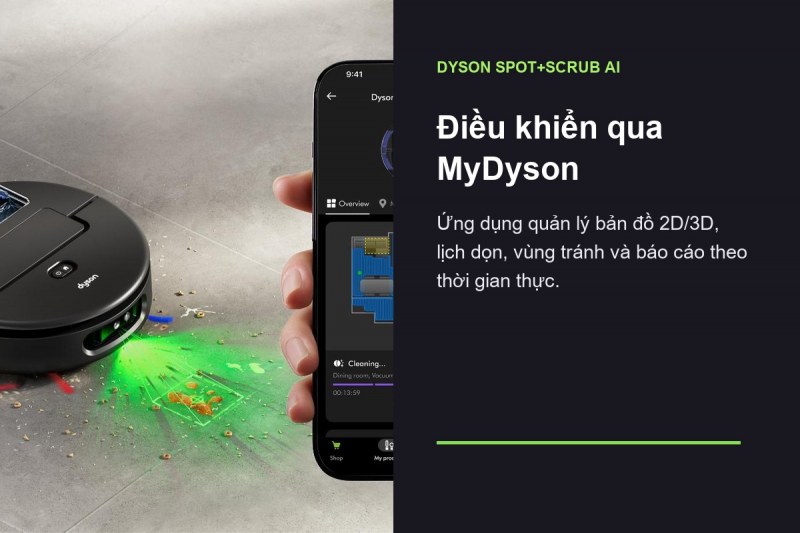 Dyson Spot+Scrub Ai - Điều khiển qua MyDyson cần được thiết lập trước lượt dọn