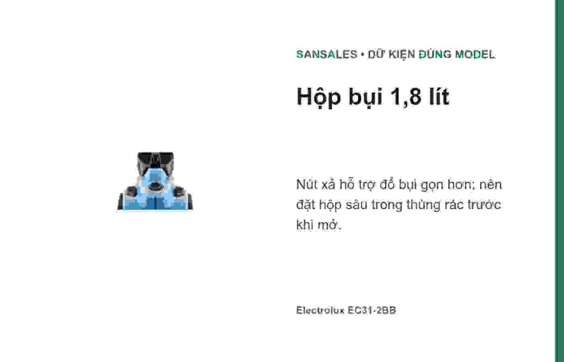 Bánh xe lớn và bán kính hoạt động Electrolux EC31-2BB