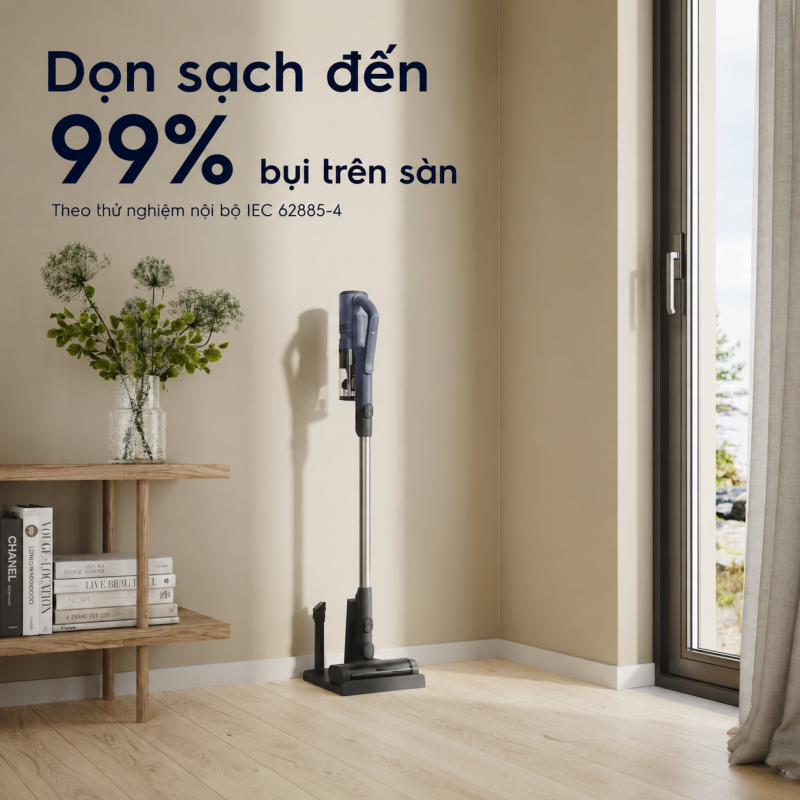 Electrolux EFP52212DB minh họa khả năng hút đến 99 phần trăm bụi trên sàn theo thử nghiệm IEC