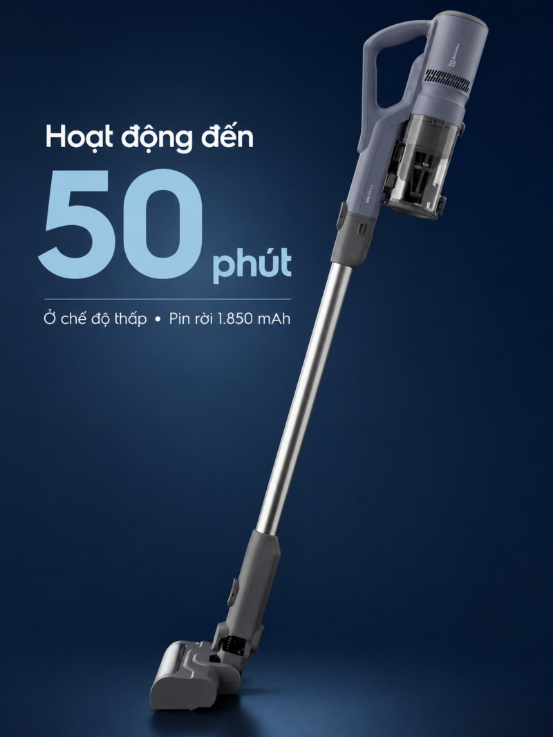 Electrolux EFP52212DB hoạt động tối đa 50 phút ở tốc độ thấp với pin rời 1850 mAh