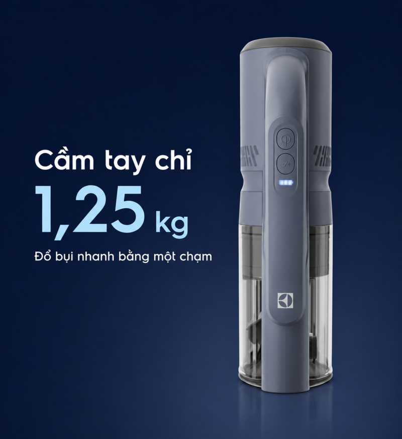 Phần cầm tay Electrolux EFP52212DB nặng 1,25 kg và có cơ chế đổ bụi một chạm