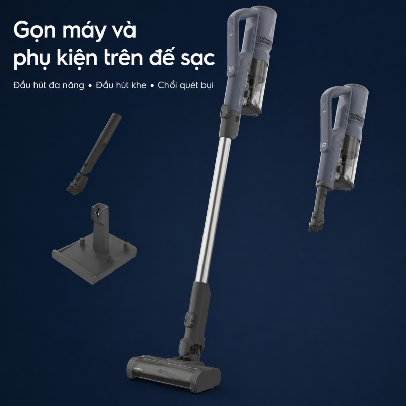 Electrolux EFP52212DB cùng đế sạc và bộ đầu hút đi kèm