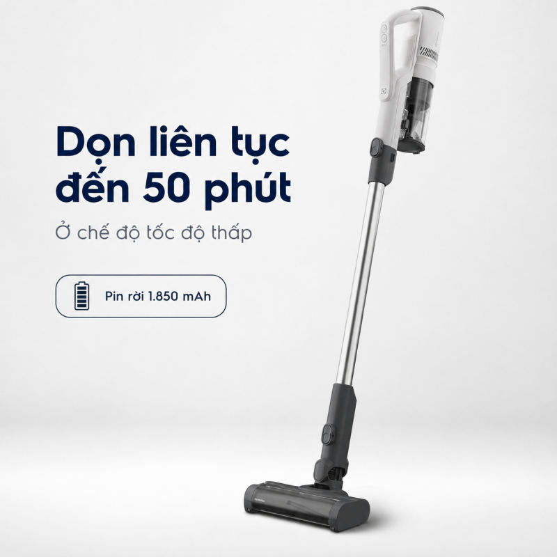 Electrolux EFP52216SW hoạt động tối đa 50 phút ở tốc độ thấp với pin rời 1850 mAh