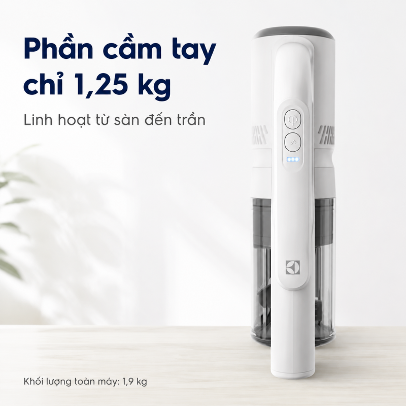 Phần cầm tay Electrolux EFP52216SW nặng 1,25 kg trong khi toàn máy nặng 1,9 kg