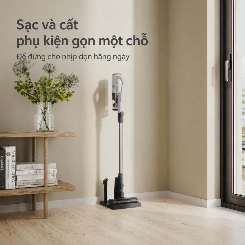 Electrolux EFP52216SW đặt trên đế sạc đứng trong góc lưu trữ