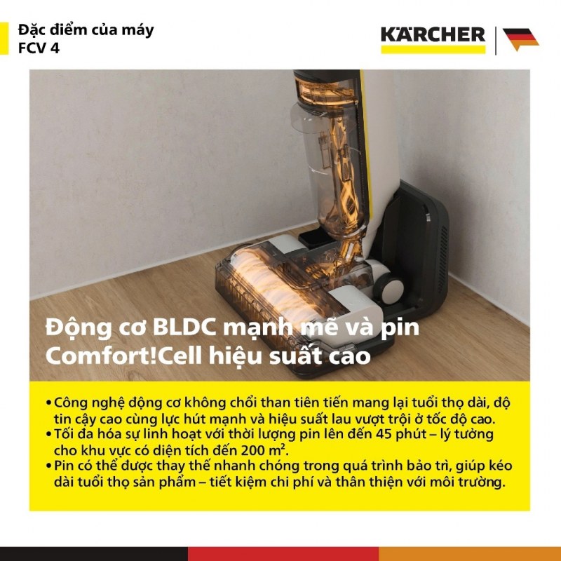 Karcher FCV 4 - 45 phút và 200 m² là hai mốc phải thử riêng