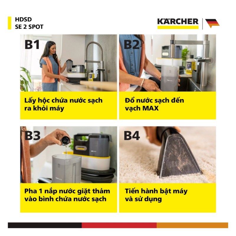 Karcher SE 2 Spot - Một lượt làm sạch từ pha dung dịch đến đường kéo cuối
