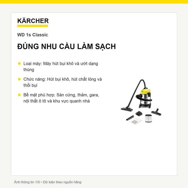 Máy hút bụi khô và ướt Kärcher WD 1s Classic
