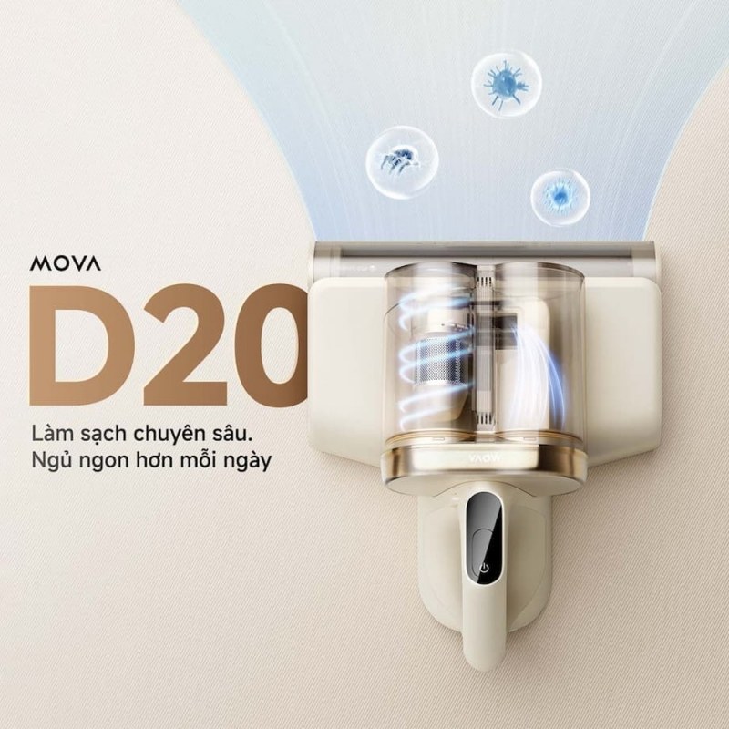 MOVA D20 với đầu chổi rộng, cụm chứa và tay cầm trên thân