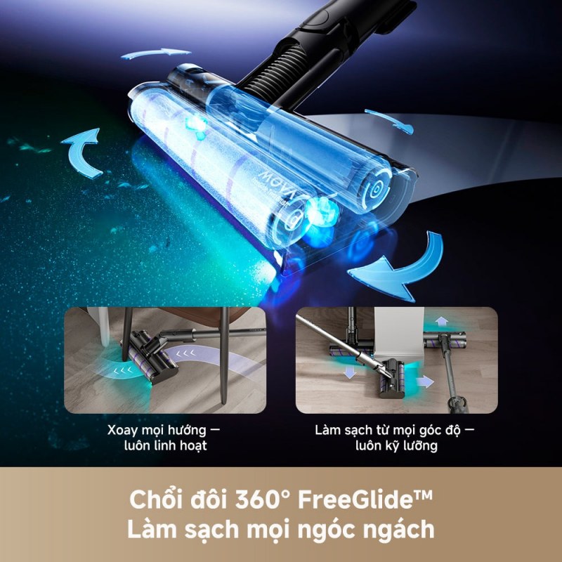 Chổi đôi FreeGlide MOVA I10 với minh họa đổi hướng quanh vật cản