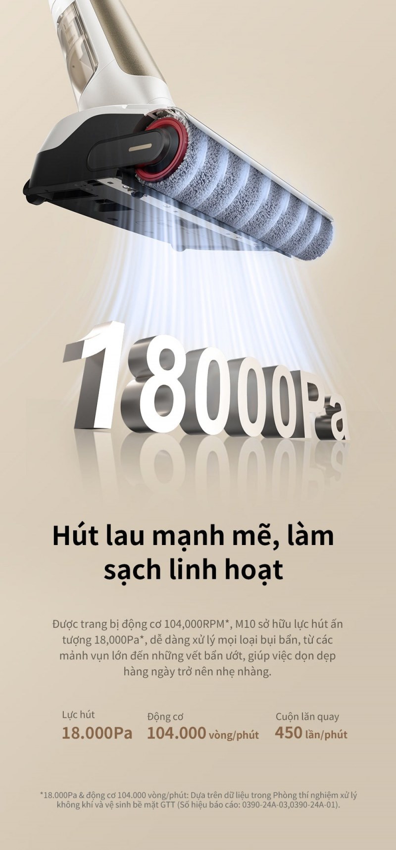 Thông số lực hút, tốc độ động cơ và con lăn của MOVA M10