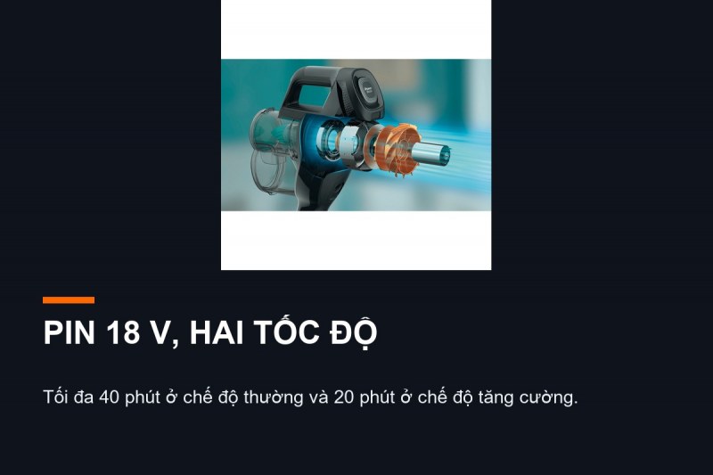 Philips FC6721/01 dùng pin 18 V với 40 phút thường và 20 phút Turbo