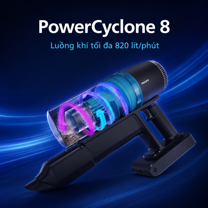 Công nghệ PowerCyclone 8 và lưu lượng khí tối đa 820 lít mỗi phút trên Philips XC3131/61