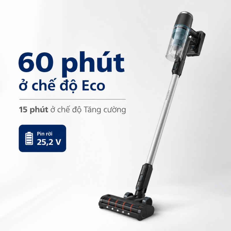 Philips XC3131/61 có thời gian 60 phút ở Eco và 15 phút ở Tăng cường với pin rời 25,2 V