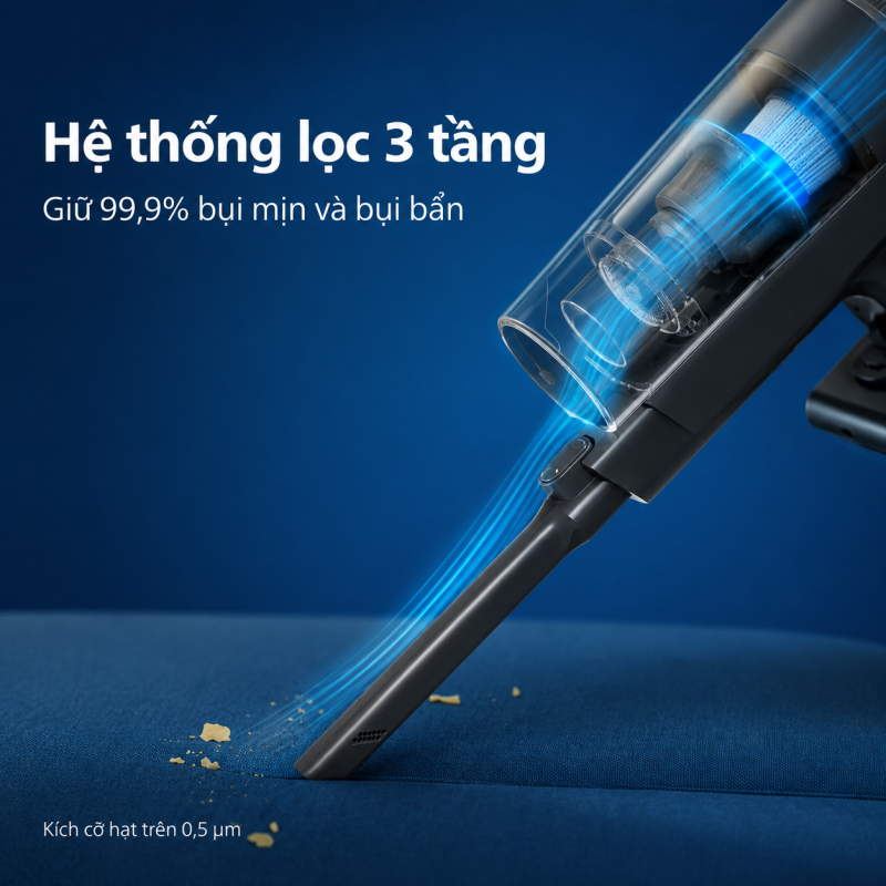 Hệ thống lọc ba tầng Philips XC3131/61 giữ 99,9 phần trăm hạt trên 0,5 micromet