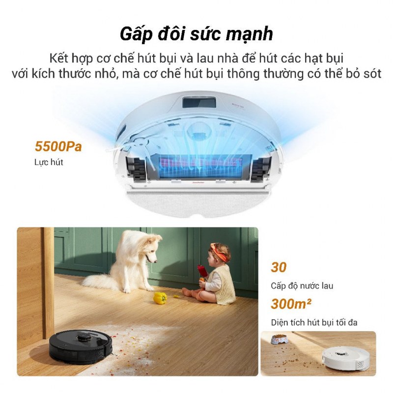 Roborock Q8 Max có lực hút 5500 Pa và 30 mức nước