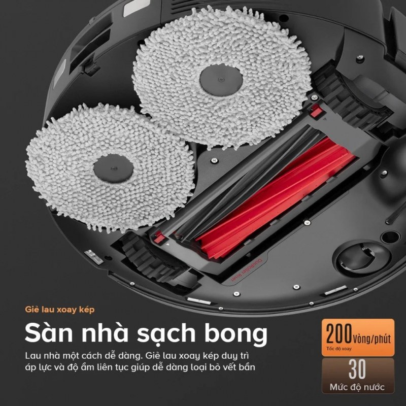 Hai giẻ xoay 200 vòng mỗi phút và 30 mức nước của Qrevo Master