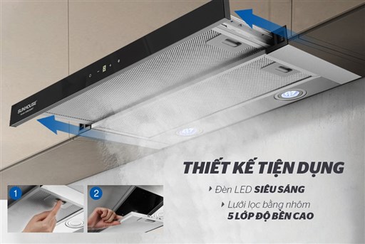 Mặt hút kéo ra, lưới lọc và đèn LED của Sunhouse SHB6288MT