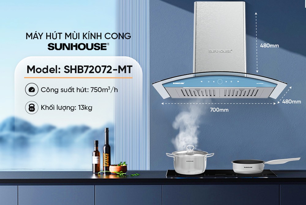 Thiết kế máy hút mùi kính cong Sunhouse SHB72072-MT rộng 70 cm