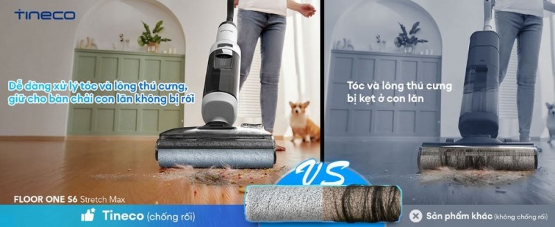 Minh họa hạn chế tóc quấn vào con lăn của Tineco S6 Stretch Max