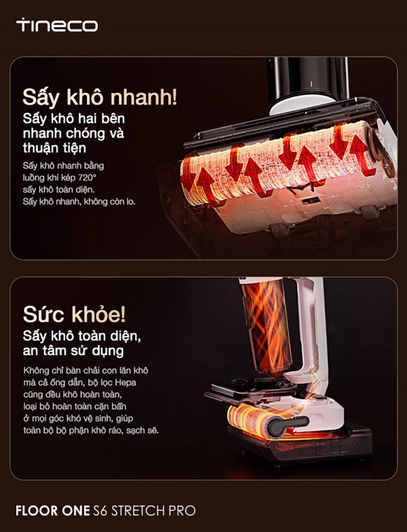 Chu trình sấy khí nóng 85 độ C của Tineco S6 Stretch Pro