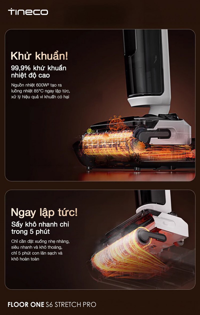 Chu trình giặt con lăn bằng nước nóng 85 độ C của Tineco S6 Stretch Pro