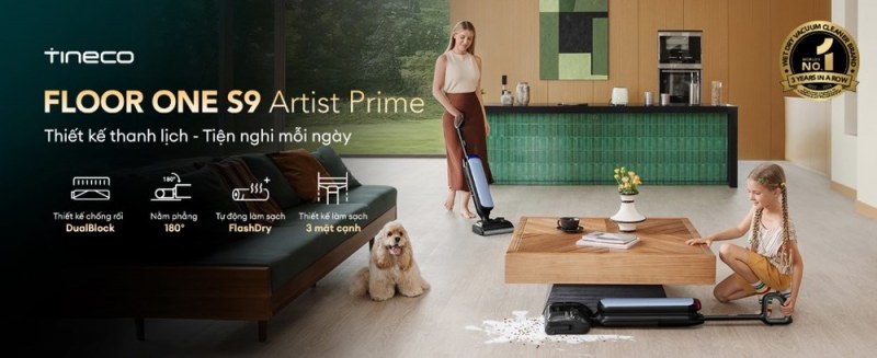 Tineco S9 Artist Prime trong không gian sinh hoạt với thiết kế nằm phẳng