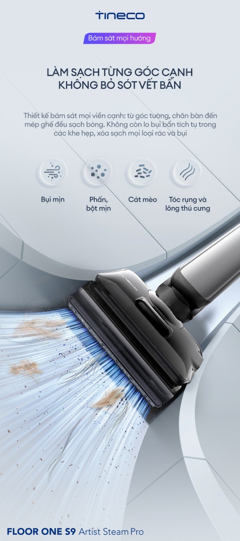 Đầu lau ba mặt cạnh của S9 Artist Steam Pro tiếp cận mép tường