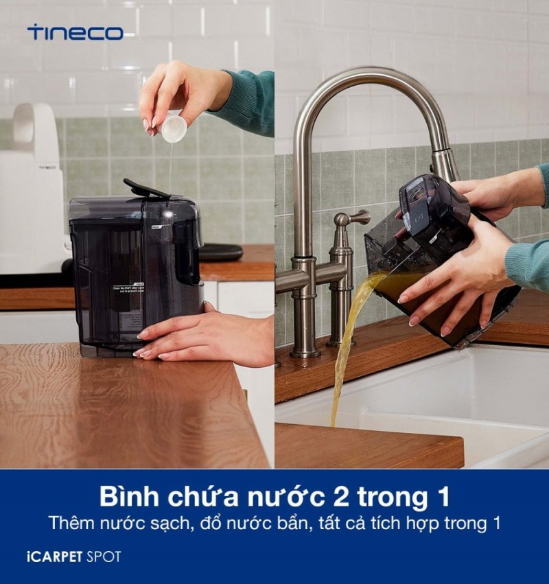 Cụm bình tích hợp của Tineco iCarpet Spot khi thêm nước và đổ nước bẩn