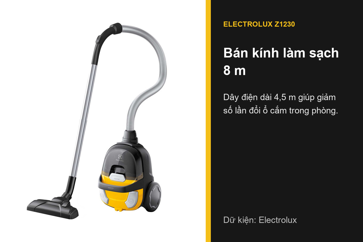 Electrolux Z1230 có bán kính làm sạch 8 m và dây điện 4,5 m