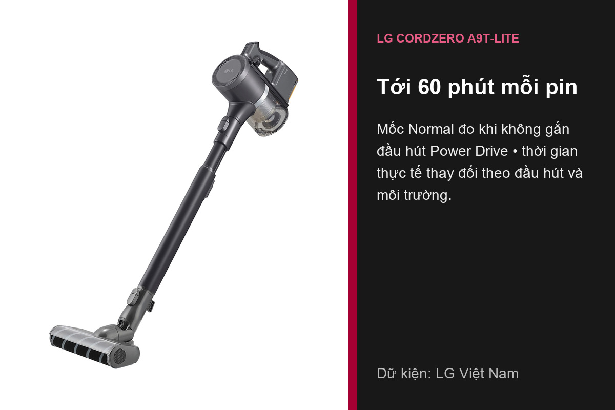 LG A9T-LITE hoạt động tối đa 60 phút ở Normal theo điều kiện thử nghiệm