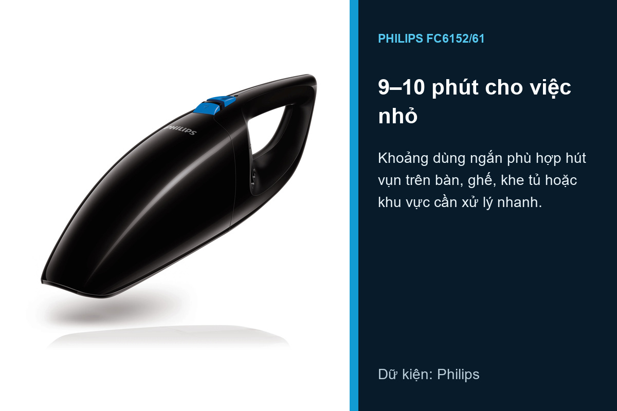 Philips FC6152/61 hoạt động 9 đến 10 phút cho các việc hút nhanh