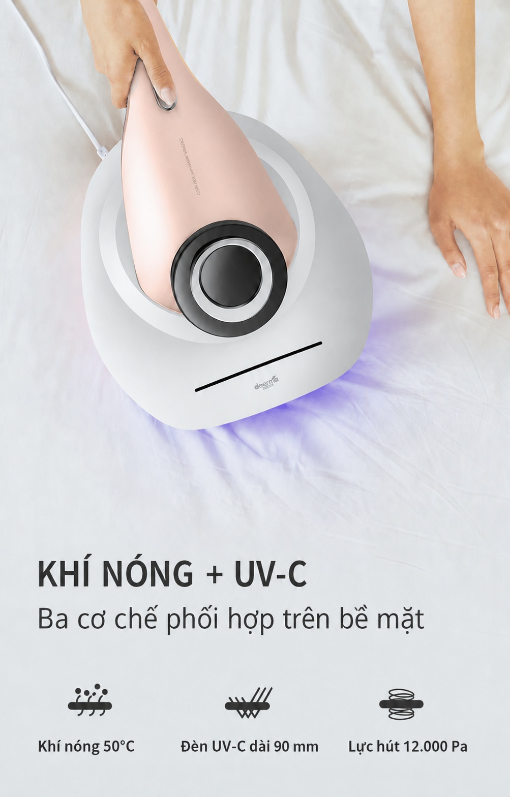 Deerma CM1000 kết hợp khí nóng 50 độ C, đèn UV-C dài 90 mm và lực hút 12.000 Pa