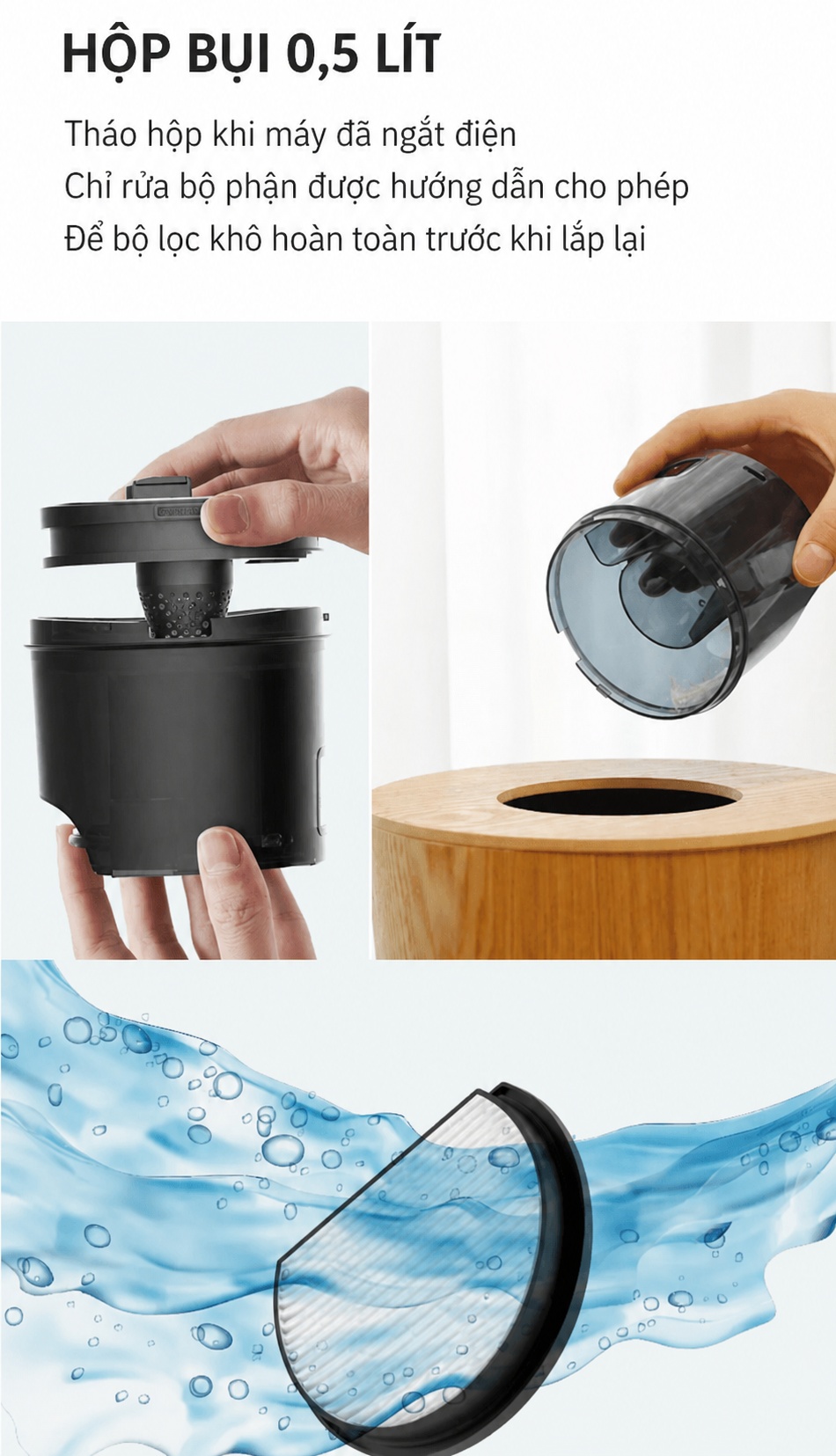 Hộp bụi 0,5 lít và hướng dẫn chăm sóc bộ lọc Deerma CM1000